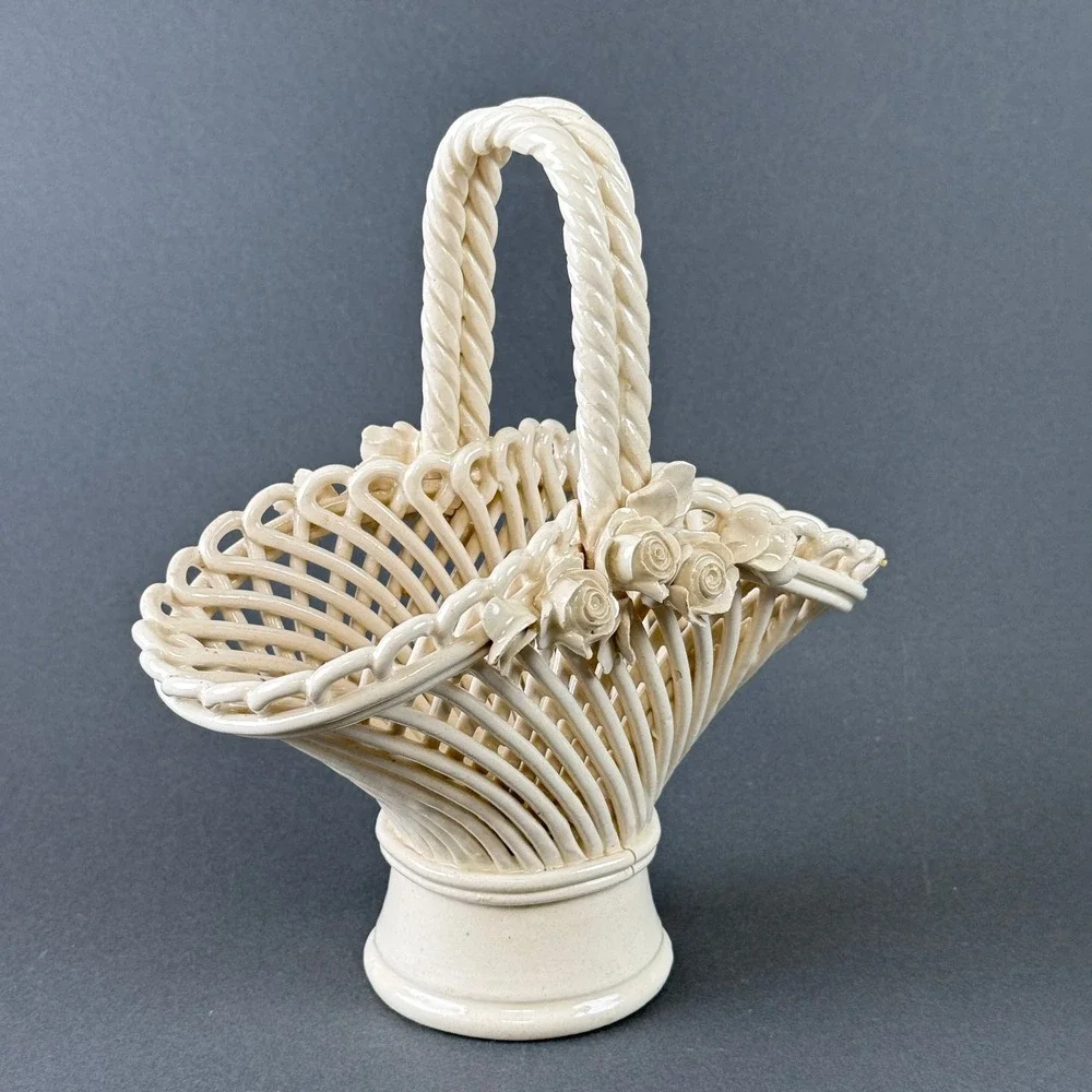 Ceramic Lattice Basket Vintage Cream Floral Rose Twisted Handle 9.5in Excellent